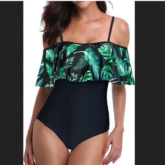 3X Plus Size 22W Women's One Piece Swimsuit Off Shoulder Ruffled Palm tree NEW - Picture 1 of 7